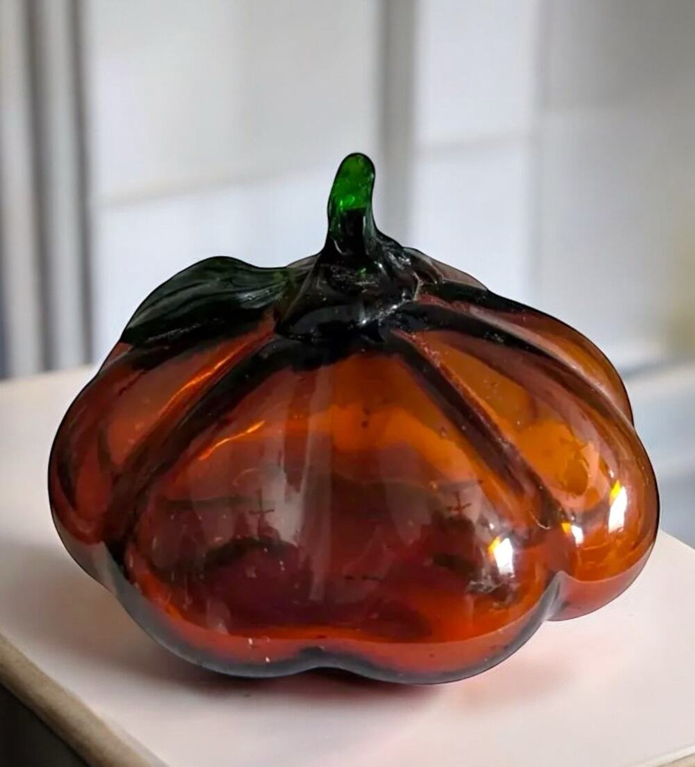 Blown Glass Pumpkin Art Glass Green Stem Autumn Fall Decor Orange Tabletop